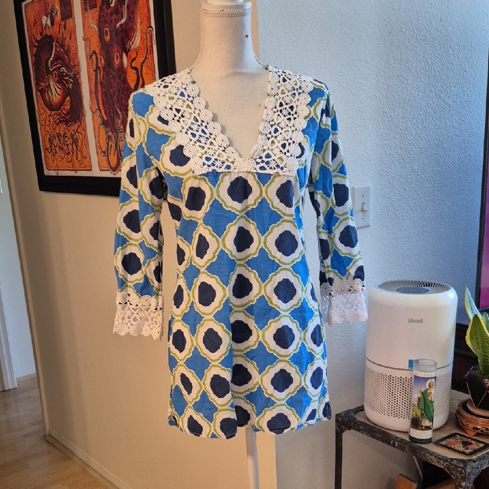 Mud Pie Blue Circle Pattern 100% Cotton 3/4 Sleeve Long Blouse Crocheted